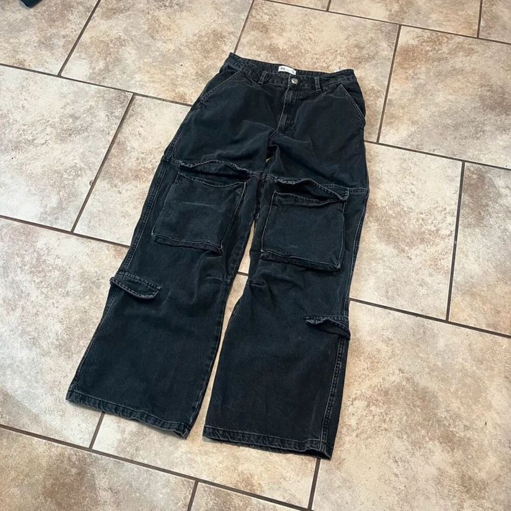 Zara Multi Pocket Washed Black Cargo Jeans Wide Leg Utility Size 8 / 40